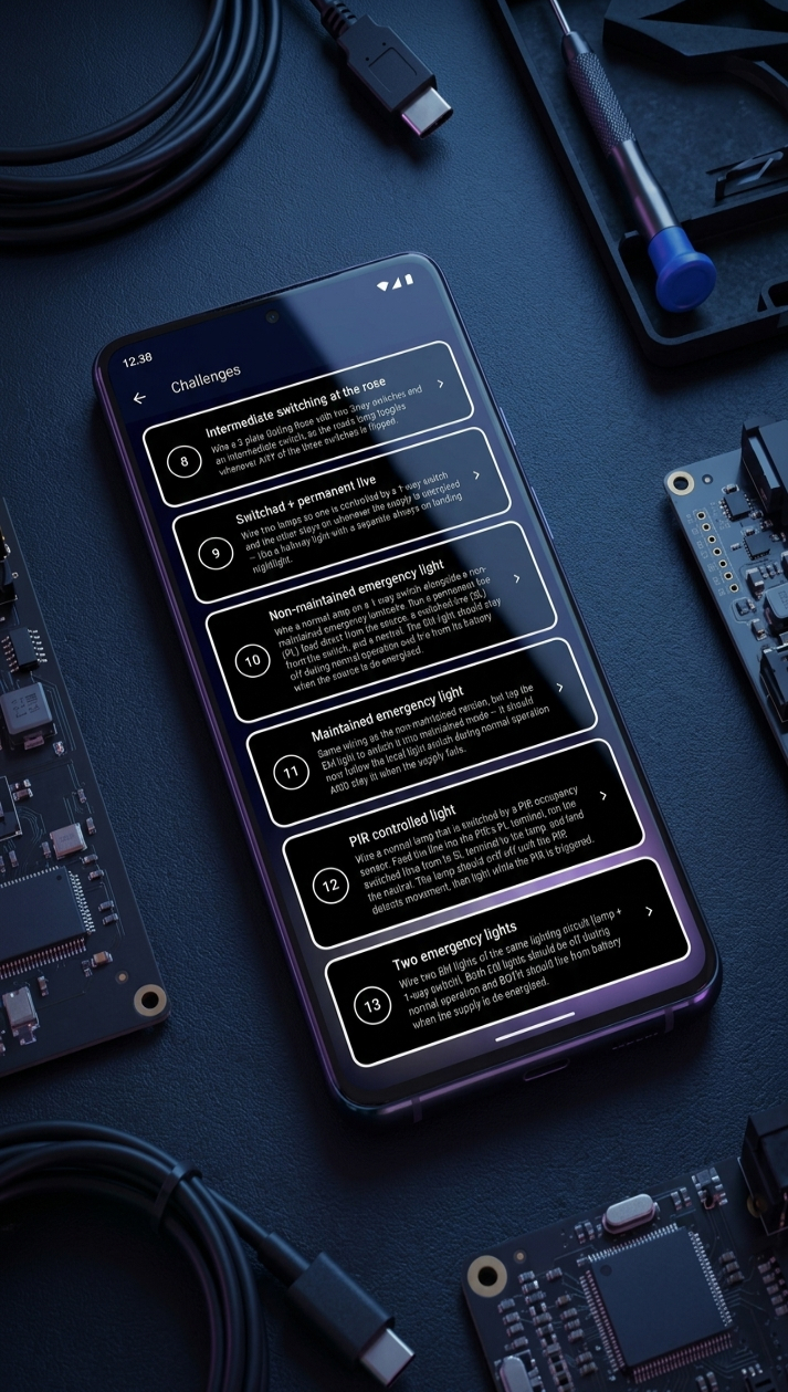 CableBox on a phone among USB-C cables and circuit boards, showing the Challenges list — intermediate switching at the rose, switched plus permanent live, and emergency lighting puzzles