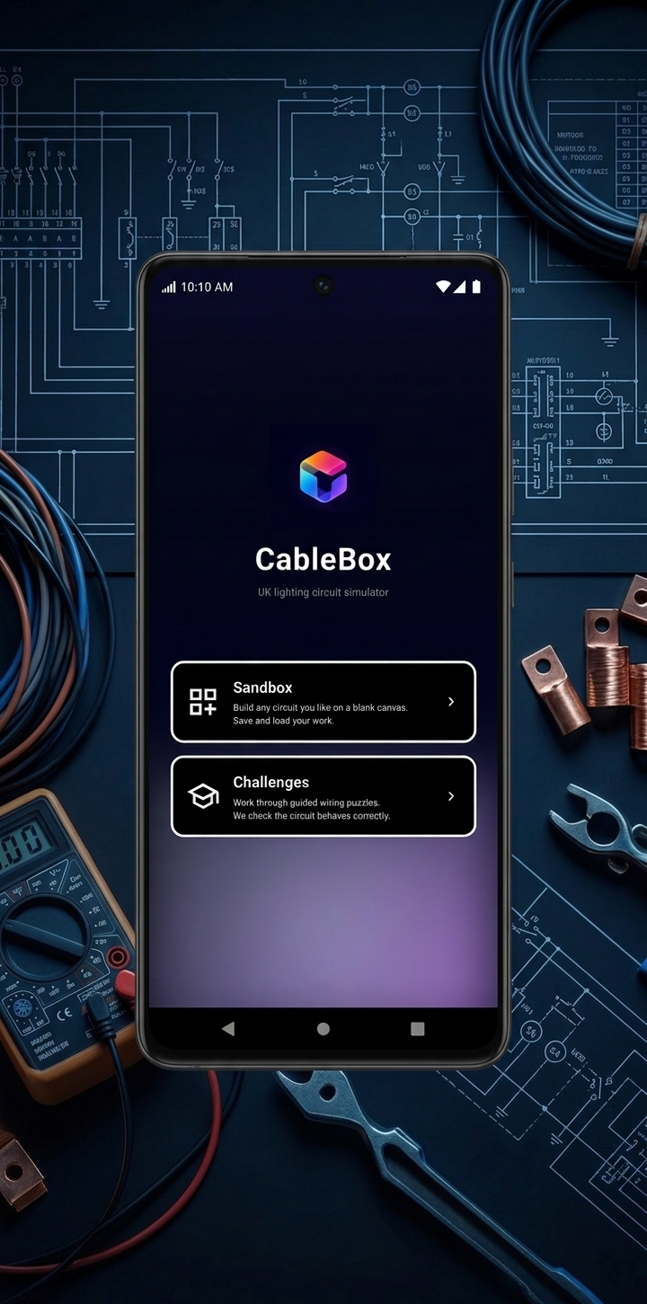 CableBox running on an Android phone resting on an electrician's workbench, showing the home screen with Sandbox and Challenges options