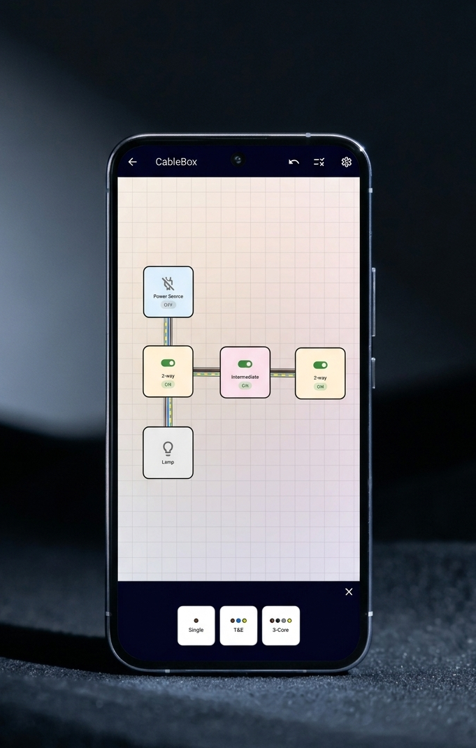 CableBox build canvas on a phone showing a power source, two 2-way switches, an intermediate switch and a lamp wired together, with the cable picker open