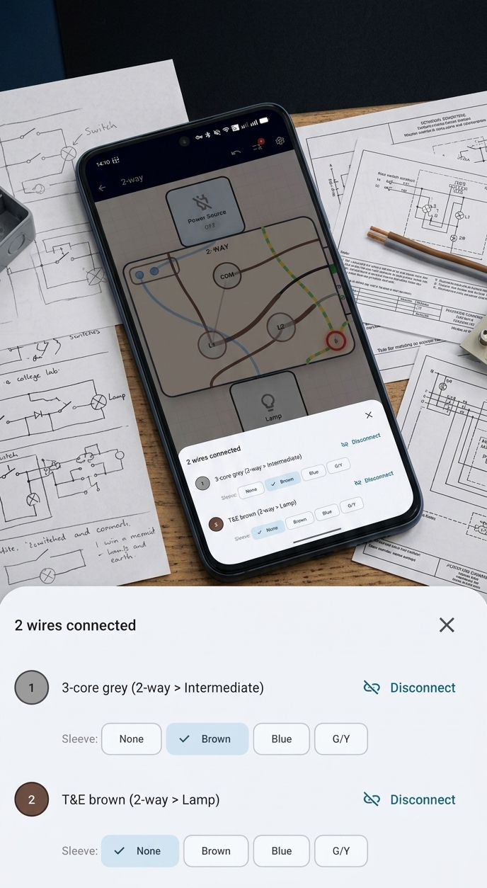 CableBox on a phone amid hand-drawn wiring diagrams, with the wire connection sheet open showing core sleeving options for two connected conductors